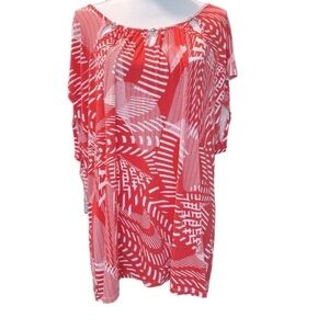 Carmen Marc Valvo Cap Sleeve Shirt Top Bead Embellished Neckline Coral Size 3X